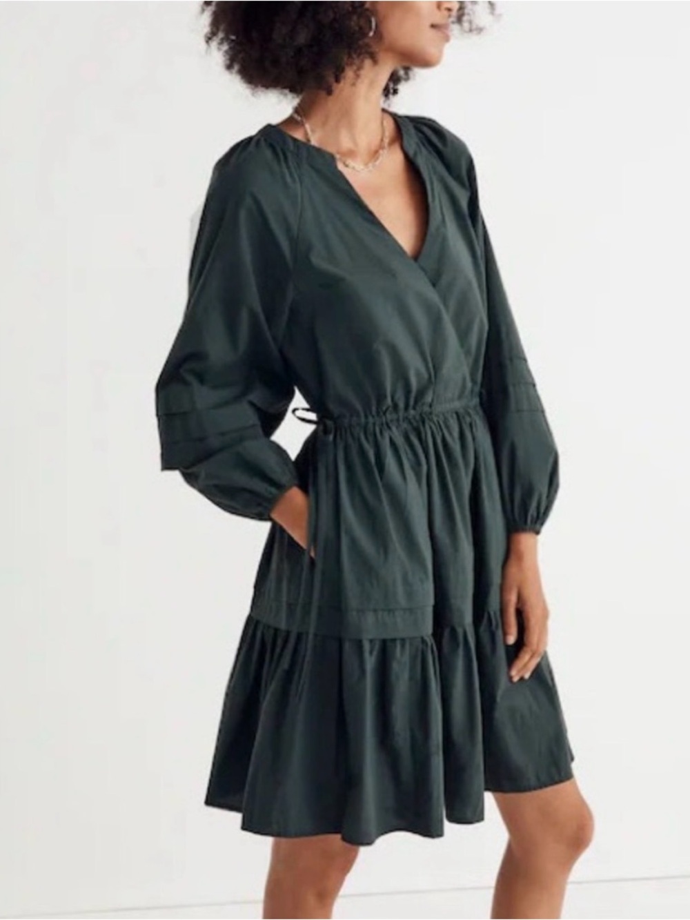 Madewell Crinkle Poplin Wrap Mini Dress in Dark Palm